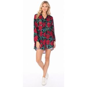 Victoria's Secret Floral Sheer Tunic Longline  Blouse  M Red Roses Button Front
